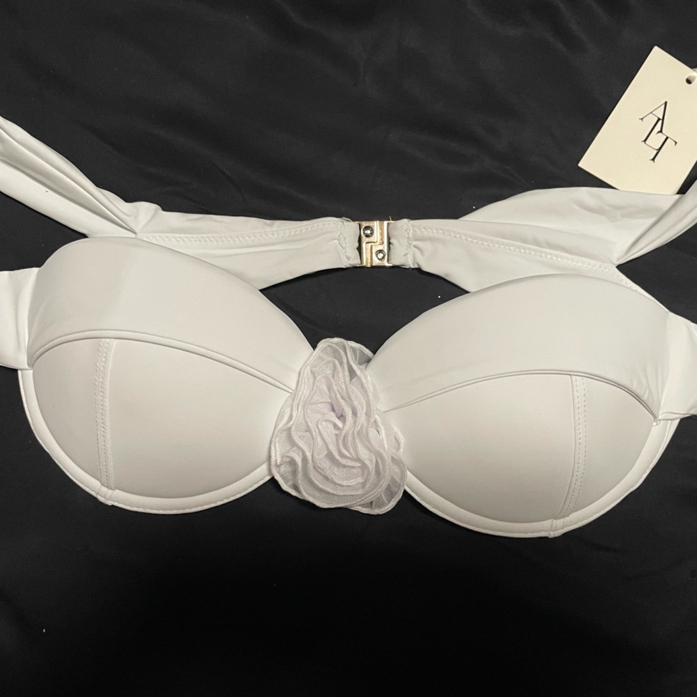 Women's White Bandeau Bikini Top with Floral Accent